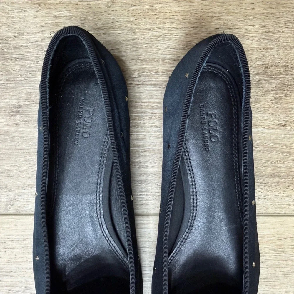 Polo Ralph Lauren‎ Black Satin Crystal Pointed Toe Bow Flats 6B Twee Luxury